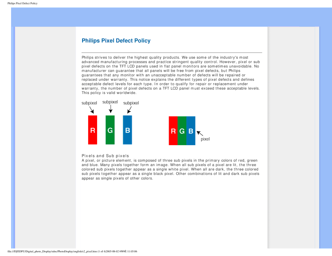 Philips GPIM-08 warranty Philips Pixel Defect Policy, Pixels and Sub pixels 