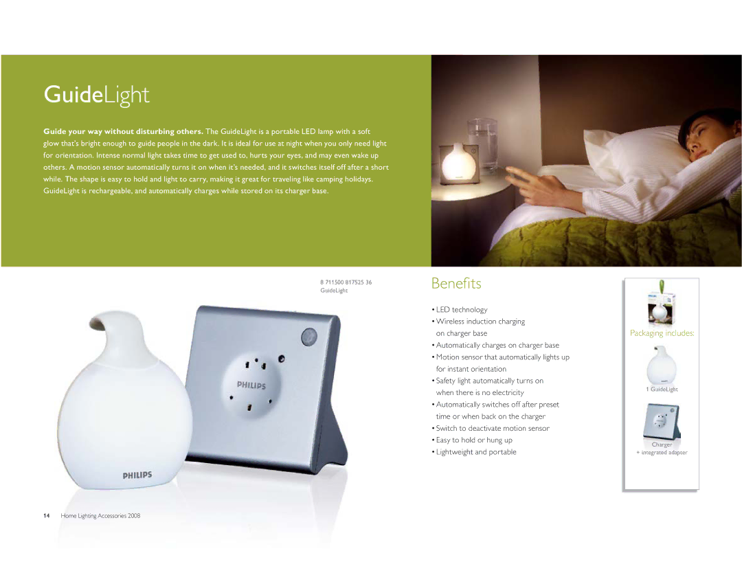 Philips GuideLight manual Benefits, On charger base, For instant orientation 