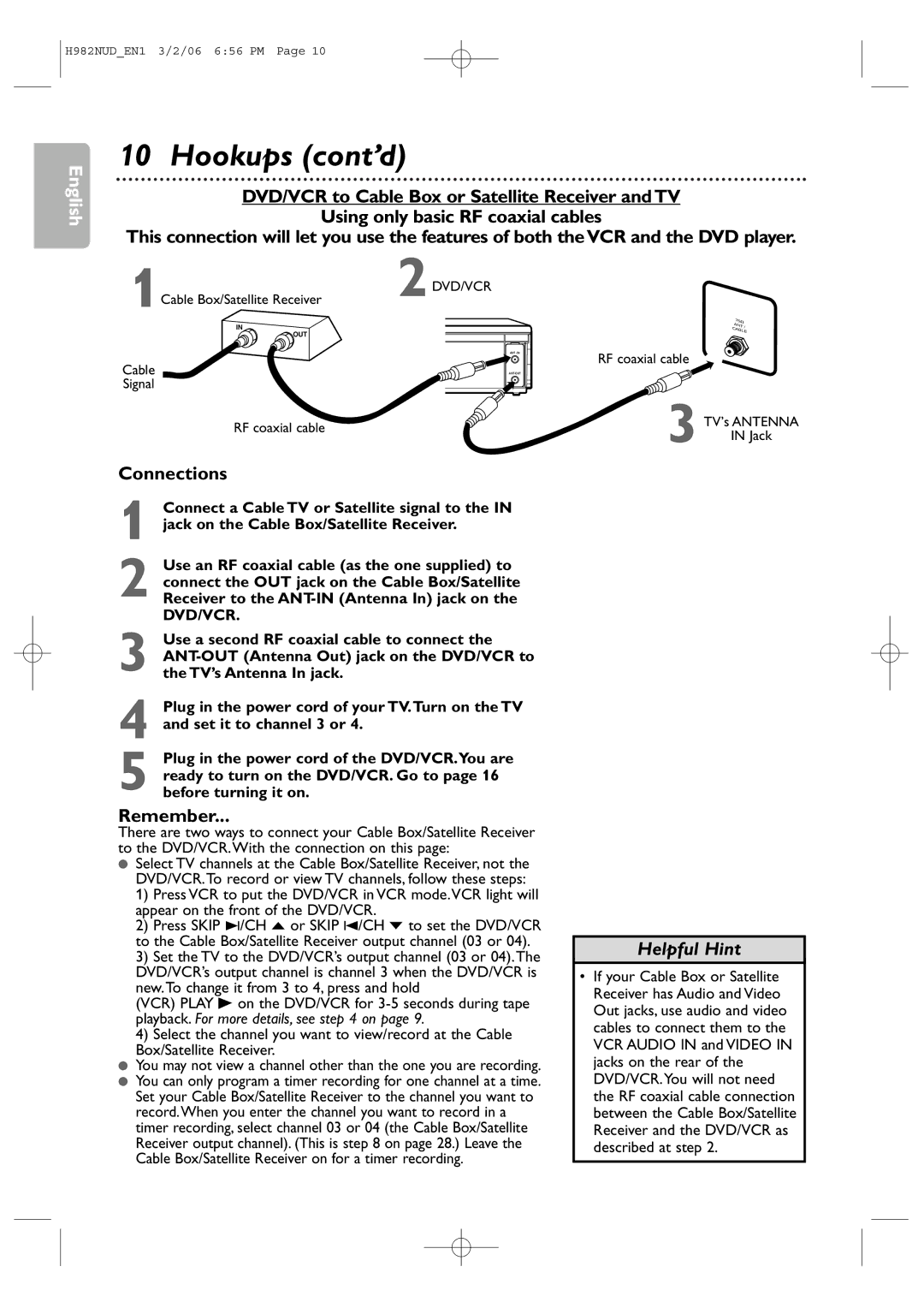 Philips H982NUD user manual Connections, Remember 