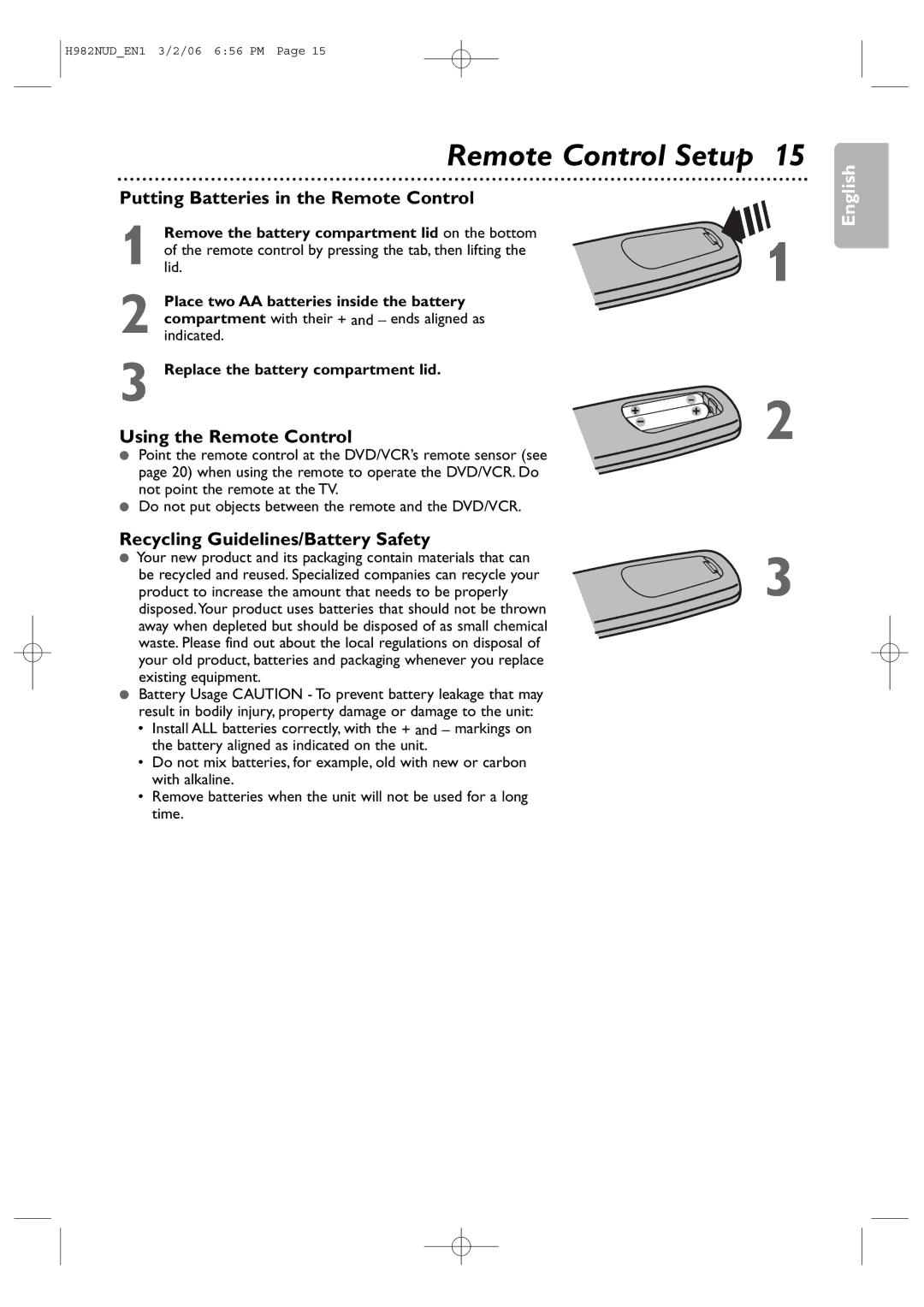 Philips H982NUD Putting Batteries in the Remote Control, Using the Remote Control, Recycling Guidelines/Battery Safety 