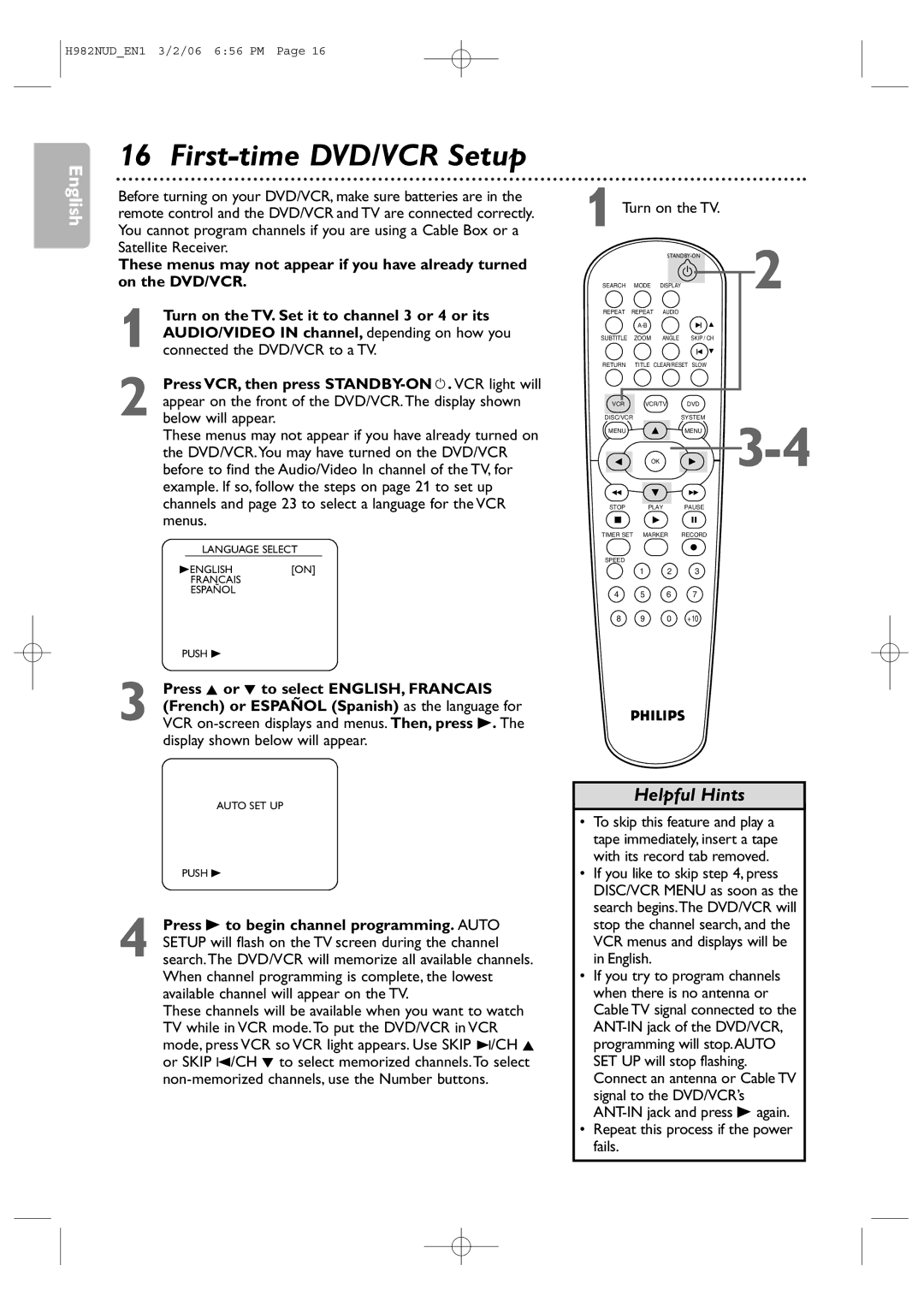 Philips H982NUD user manual First-time DVD/VCR Setup 