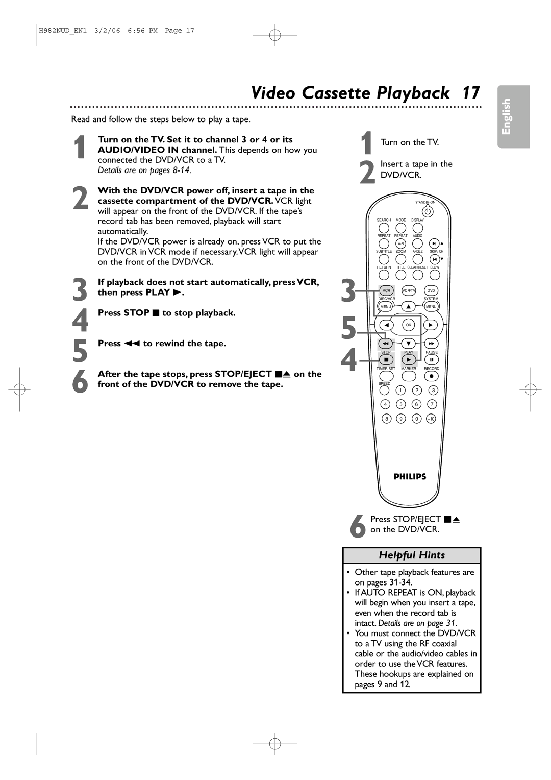 Philips H982NUD Video Cassette Playback, Read and follow the steps below to play a tape, Turn on the TV. Insert a tape 