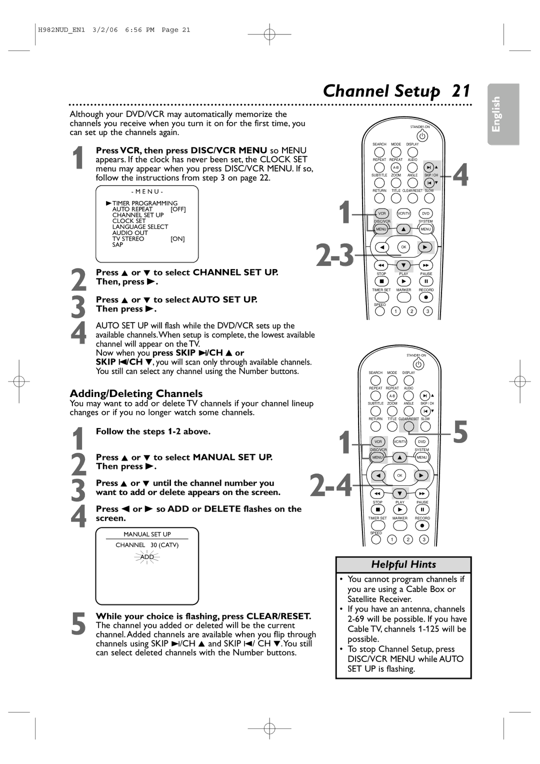 Philips H982NUD user manual Channel Setup, Adding/Deleting Channels 