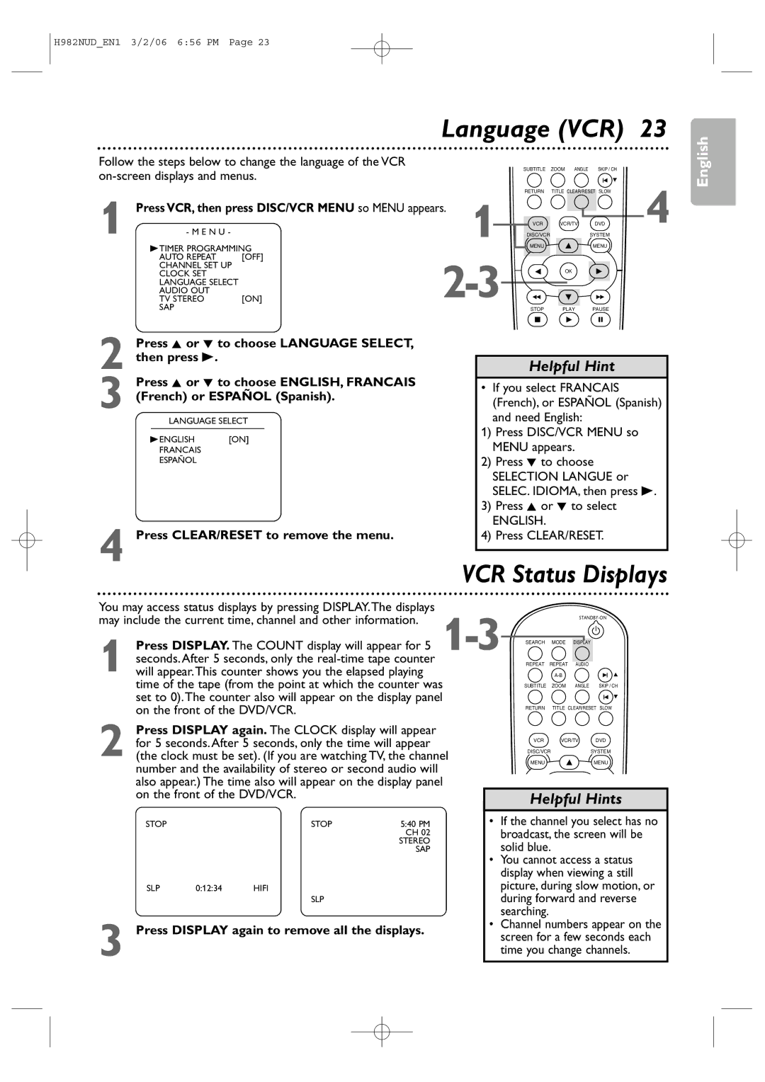 Philips H982NUD user manual Language VCR, VCR Status Displays, Press CLEAR/RESET to remove the menu 