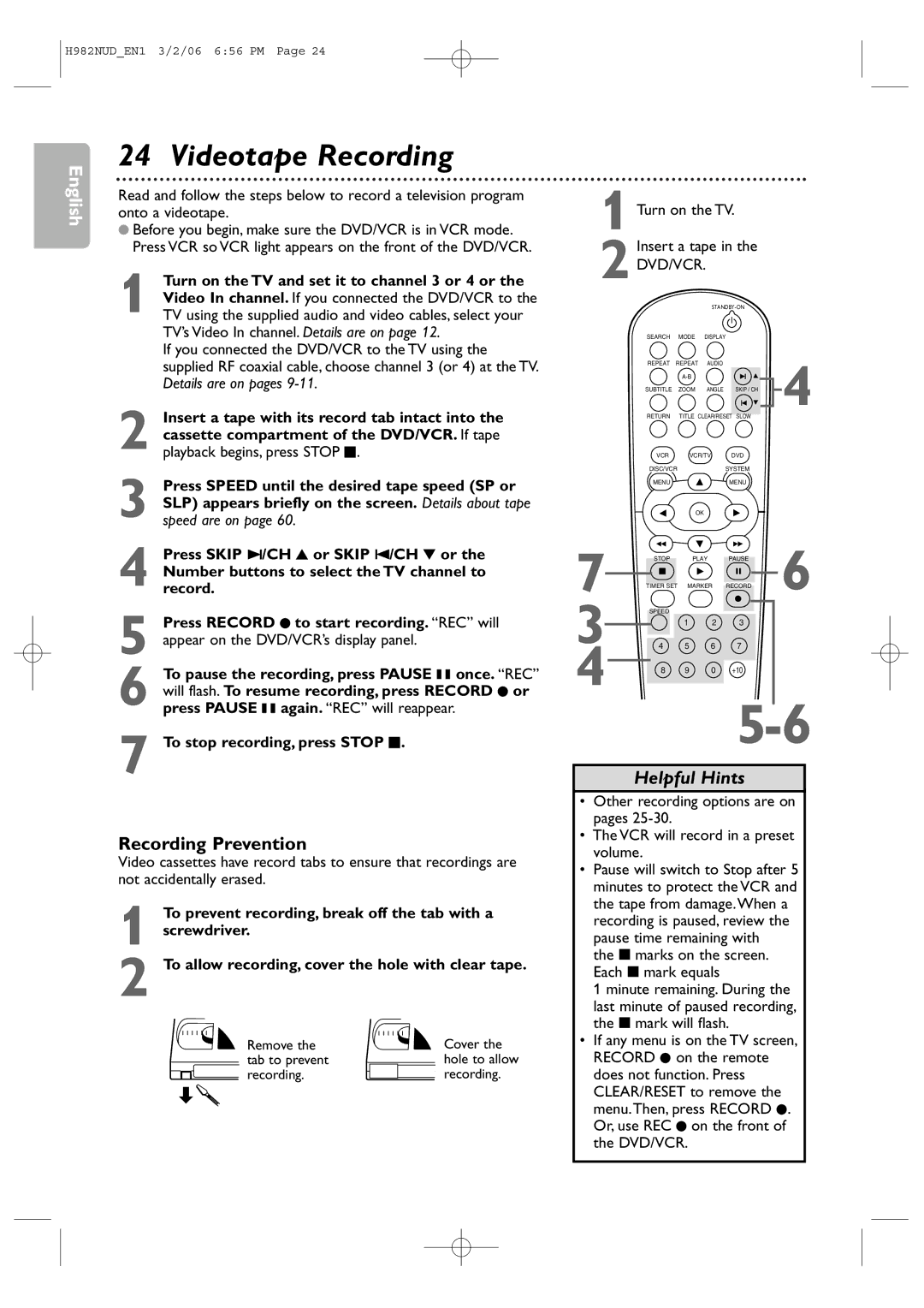 Philips H982NUD user manual Videotape Recording, Recording Prevention, To stop recording, press Stop C 