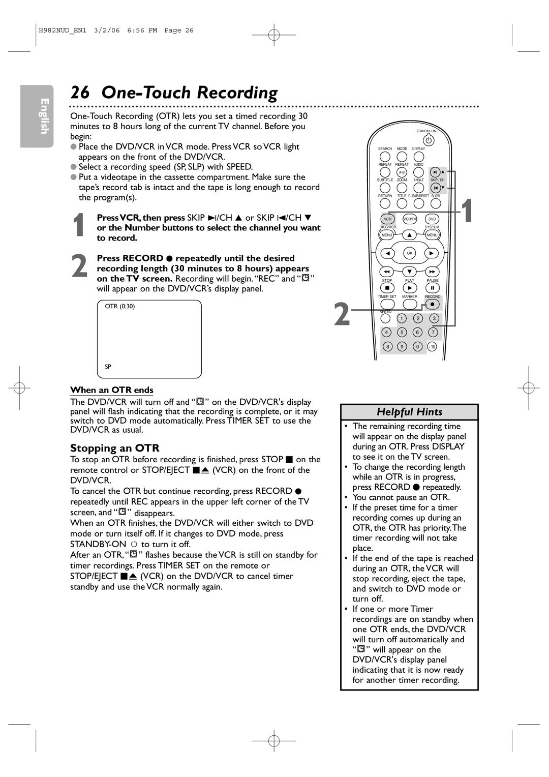 Philips H982NUD user manual One-Touch Recording, Stopping an OTR, When an OTR ends 