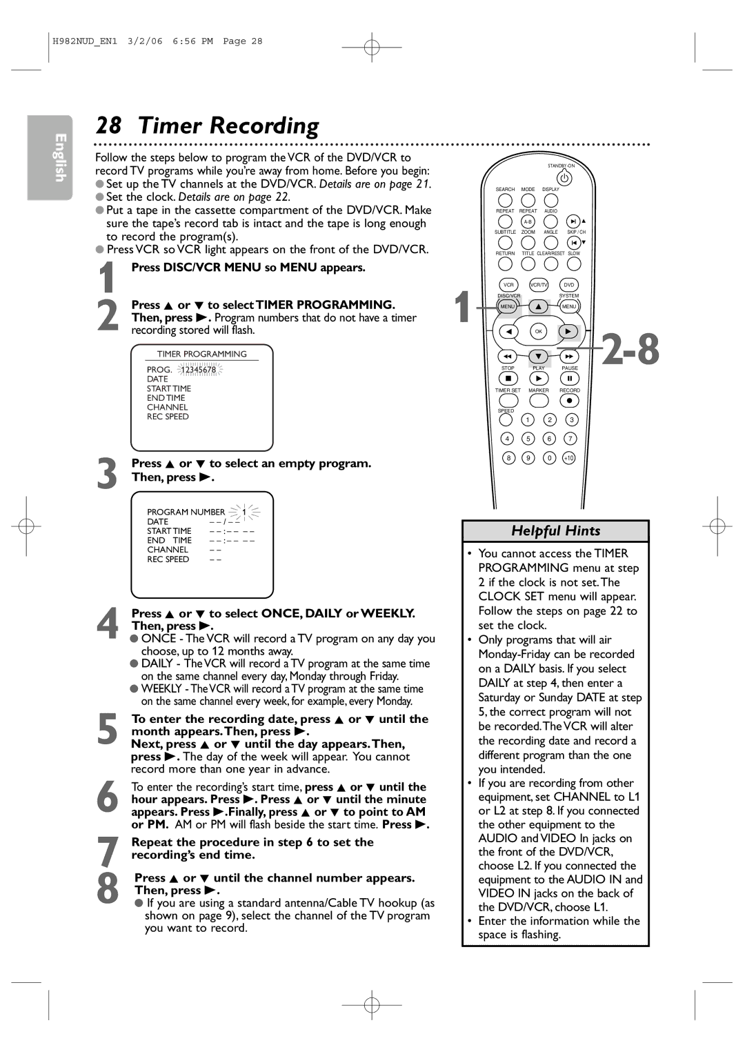 Philips H982NUD user manual Timer Recording 