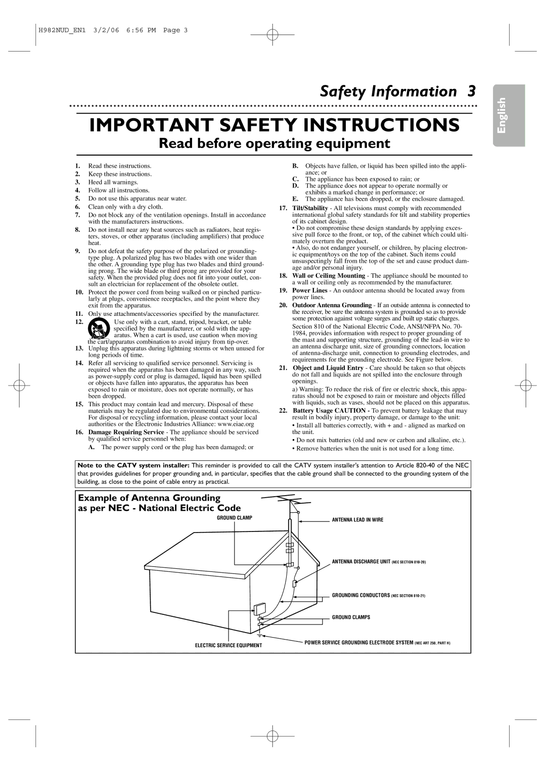 Philips H982NUD user manual Important Safety Instructions 