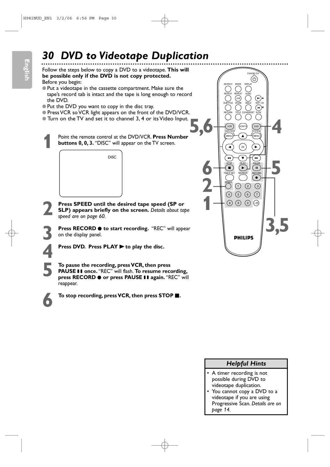 Philips H982NUD user manual DVD to Videotape Duplication, Speed are on 