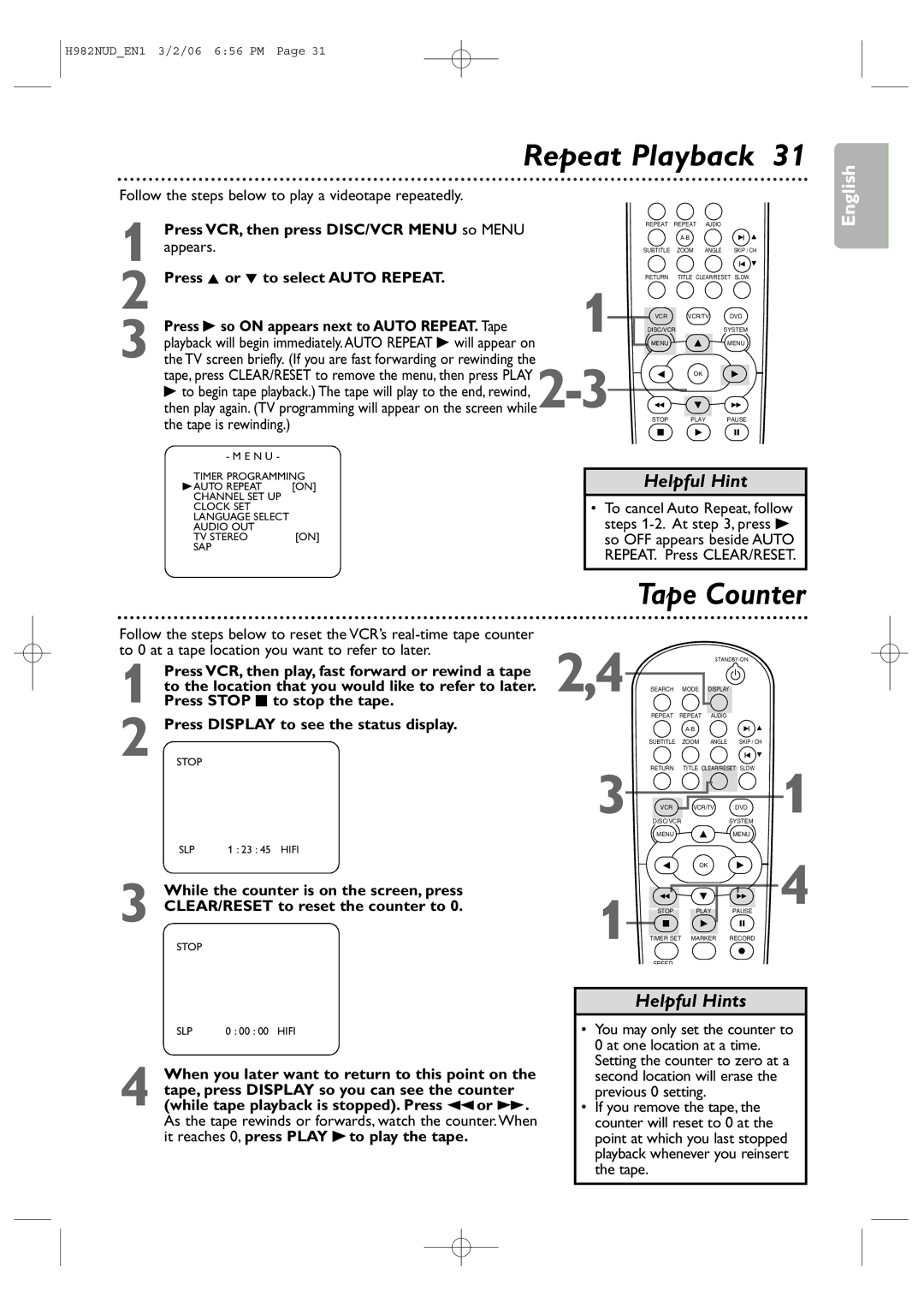 Philips H982NUD user manual Repeat Playback, Tape Counter 