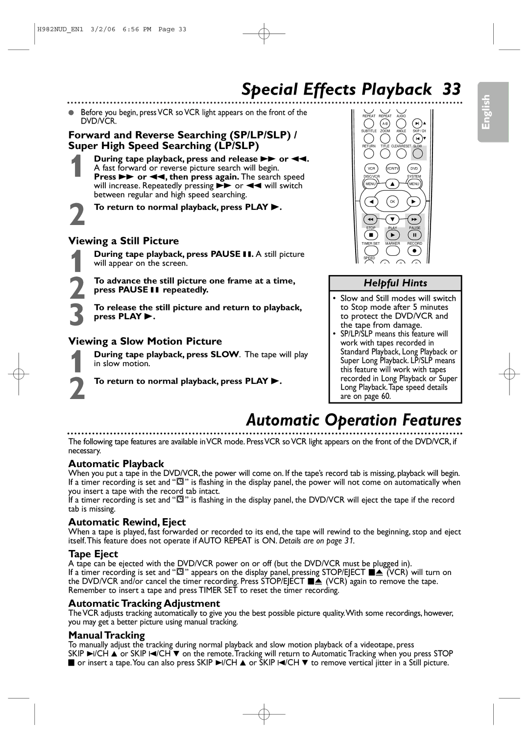 Philips H982NUD user manual Special Effects Playback, Automatic Operation Features 