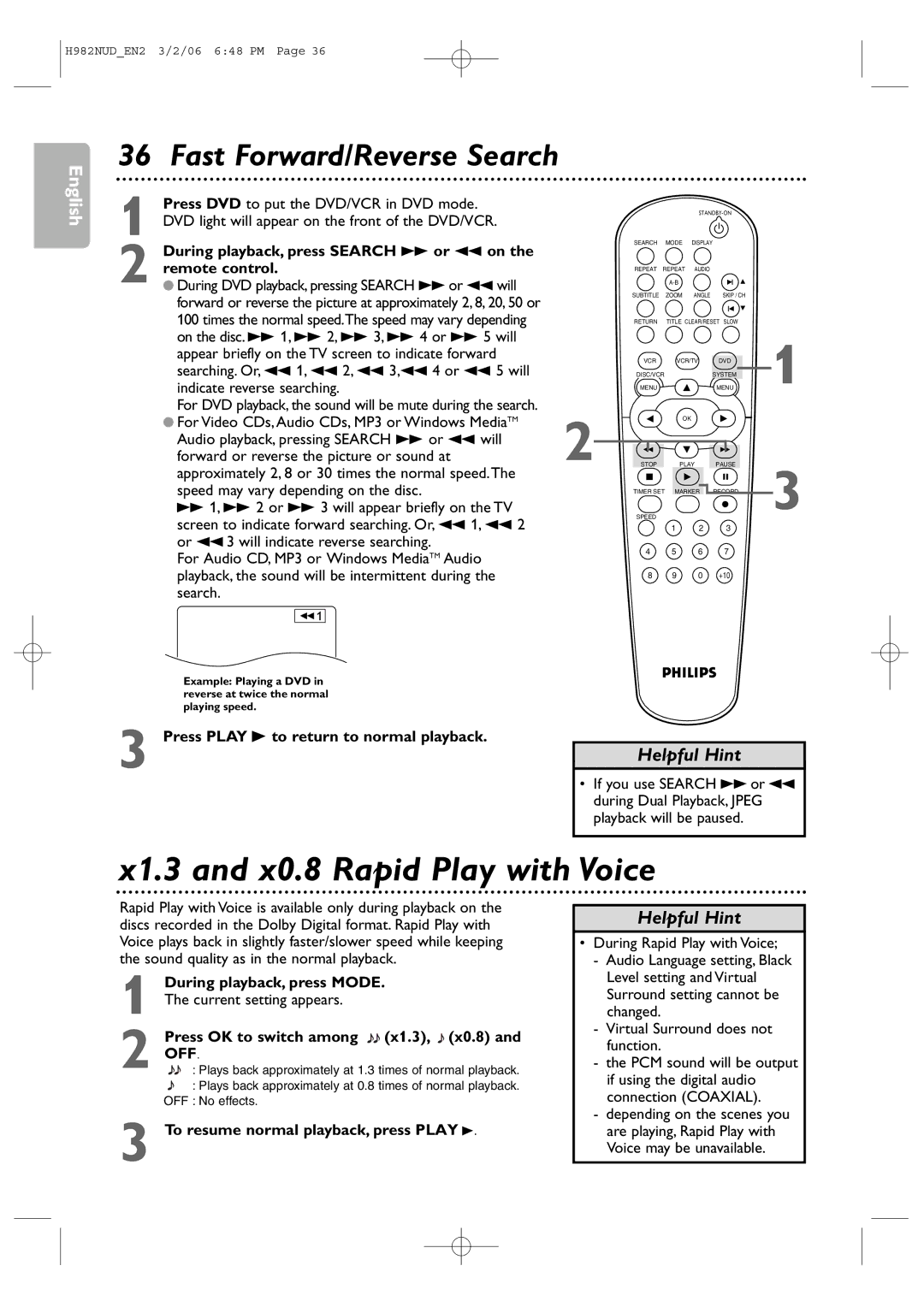 Philips H982NUD user manual Fast Forward/Reverse Search, During playback, press Search g or h on Remote control 