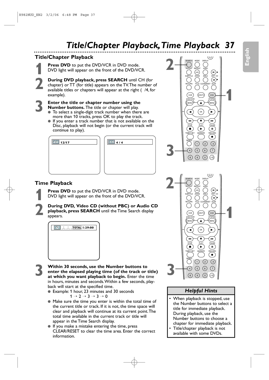 Philips H982NUD user manual Title/Chapter Playback,Time Playback 