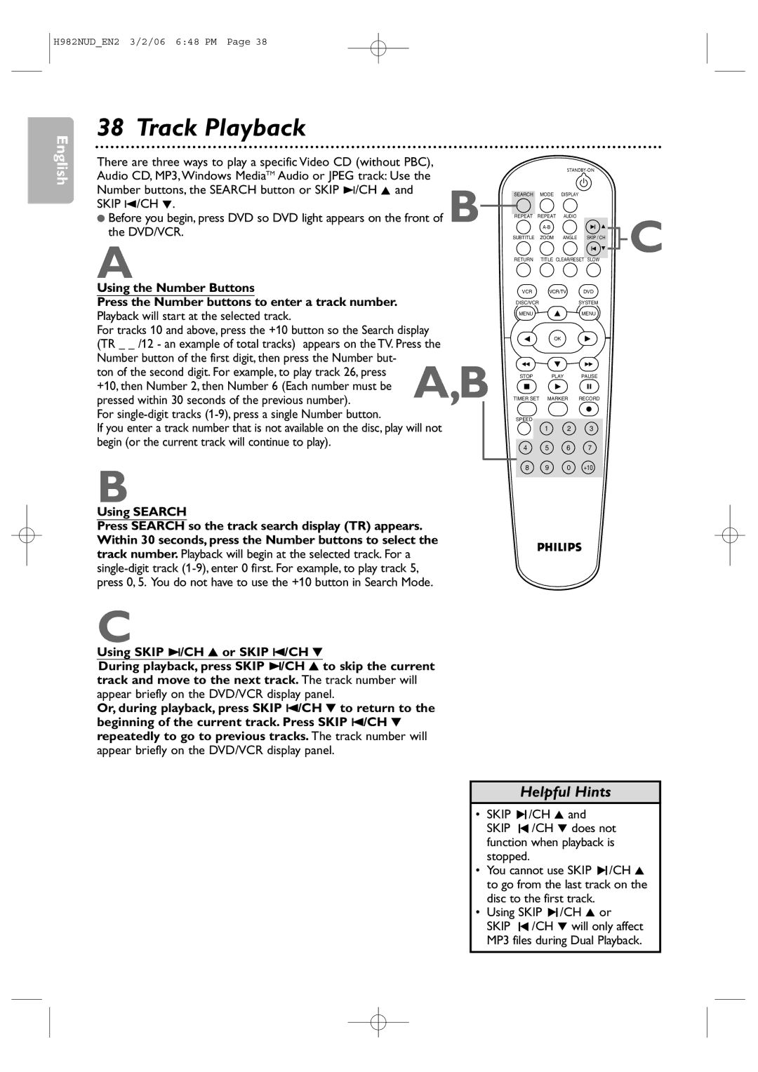 Philips H982NUD user manual Track Playback, Pressed within 30 seconds of the previous number, Using Search 