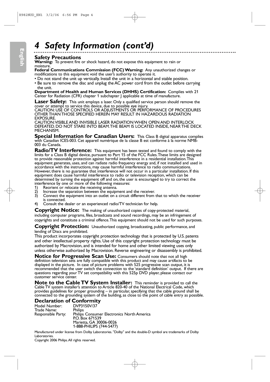 Philips H982NUD user manual Safety Information cont’d, Safety Precautions, Declaration of Conformity, Box, Marietta, GA 