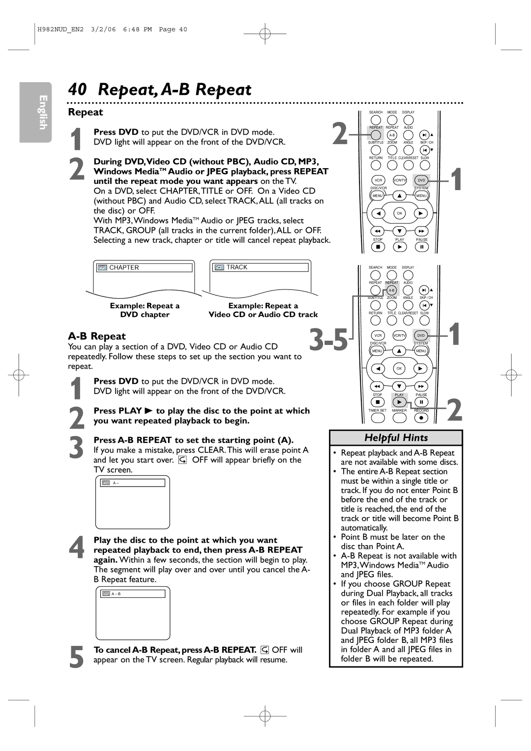 Philips H982NUD user manual Repeat, A-B Repeat, Let you start over OFF will appear briefly on 