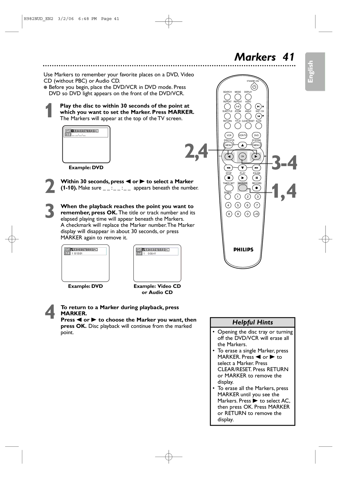 Philips H982NUD Markers, Within 30 seconds, press s or B to select a Marker, To return to a Marker during playback, press 