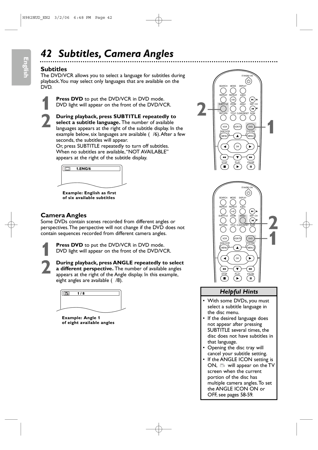 Philips H982NUD user manual Subtitles, Camera Angles 