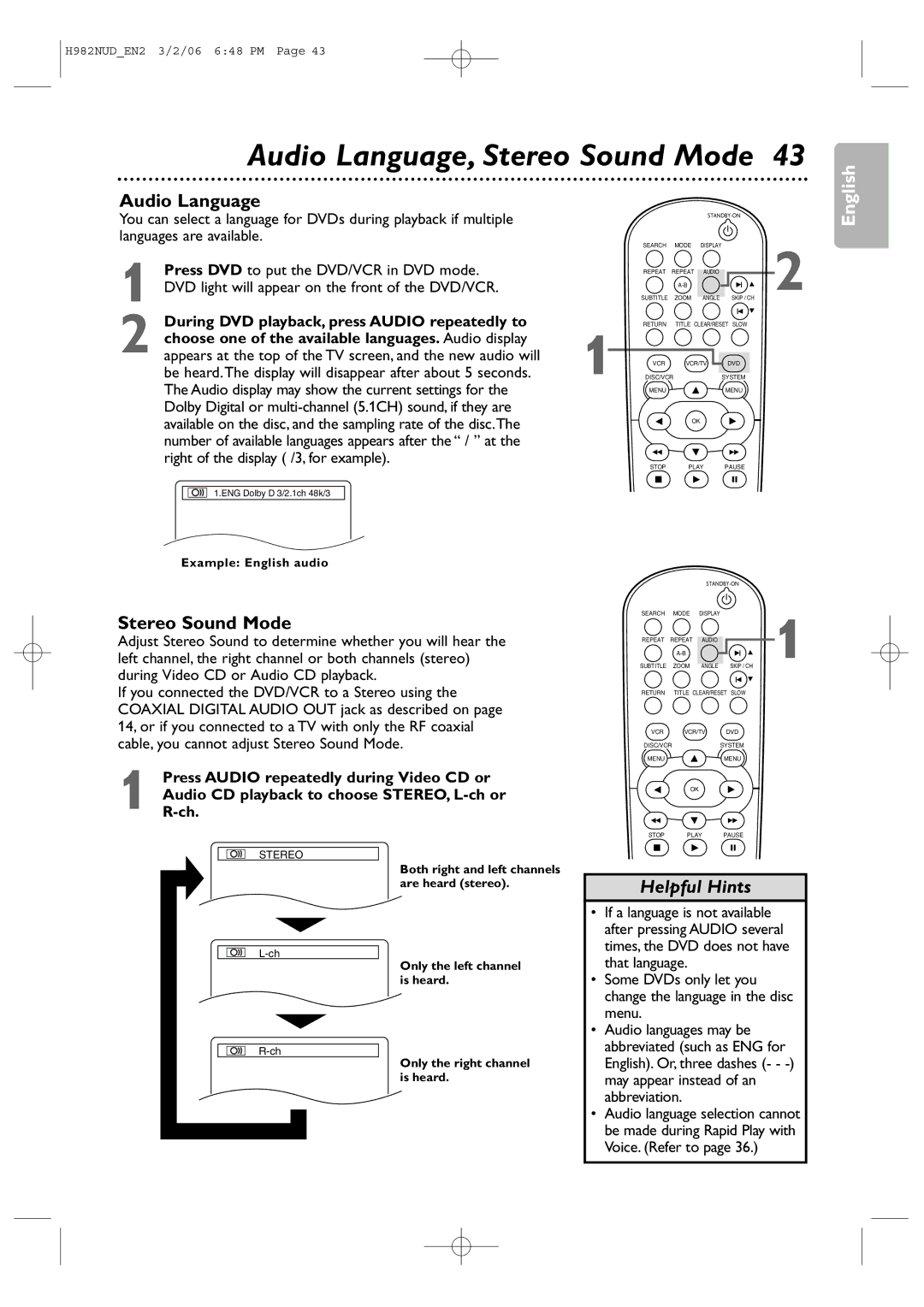 Philips H982NUD user manual Audio Language, Stereo Sound Mode, During DVD playback, press Audio repeatedly to 