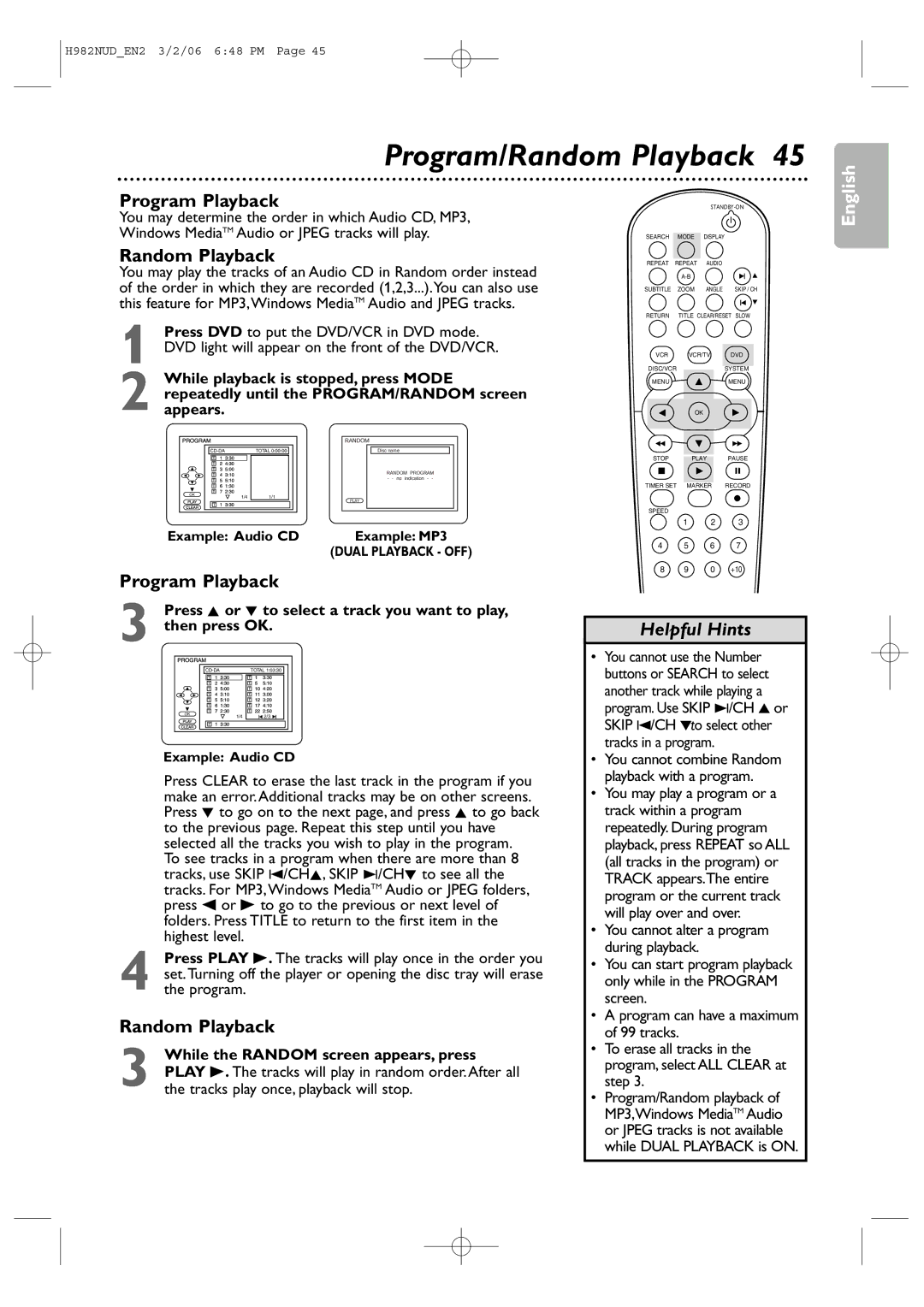 Philips H982NUD user manual Program/Random Playback, Program Playback 