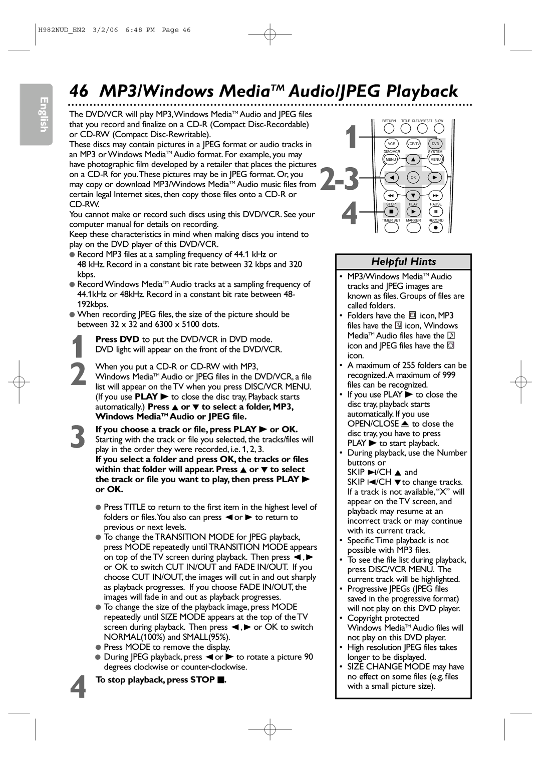 Philips H982NUD user manual 46 MP3/Windows MediaTM Audio/JPEG Playback 