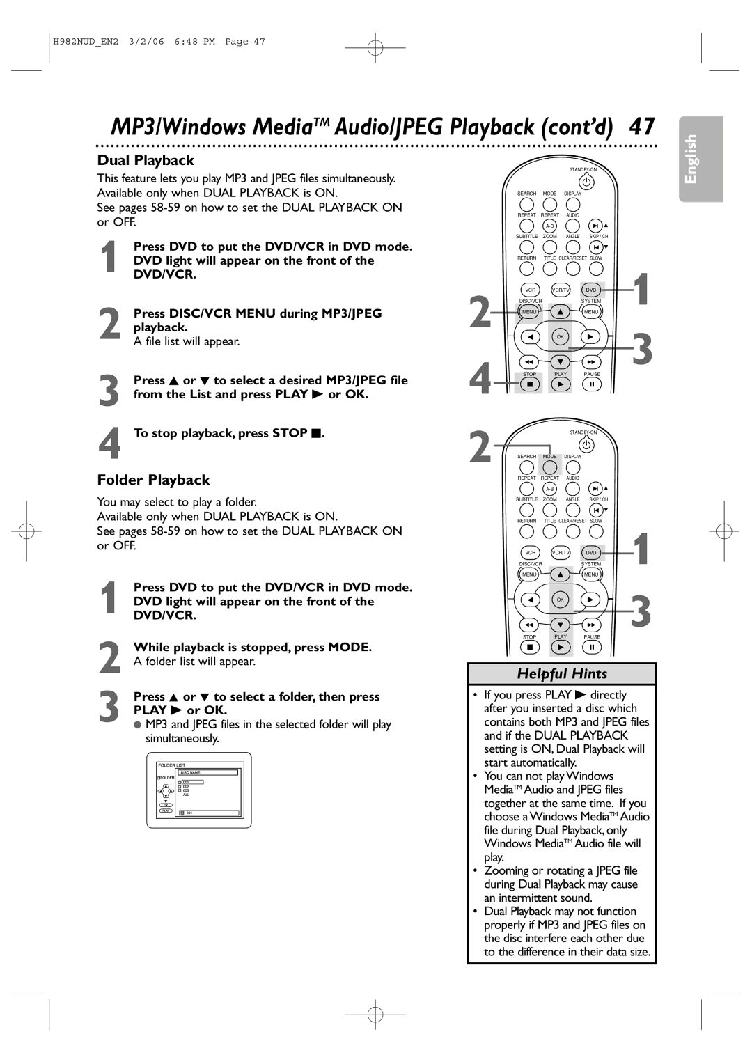 Philips H982NUD user manual Dual Playback, Folder Playback, Press K or L to select a folder, then press Play B or OK 