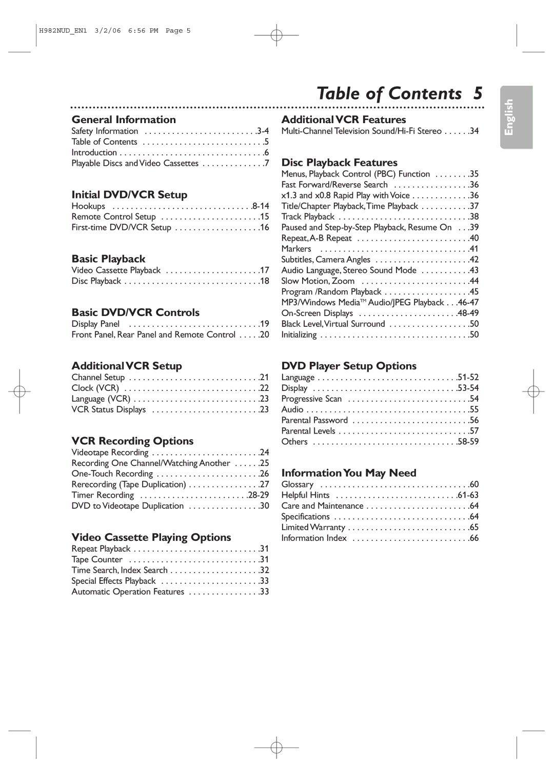 Philips H982NUD user manual Table of Contents 