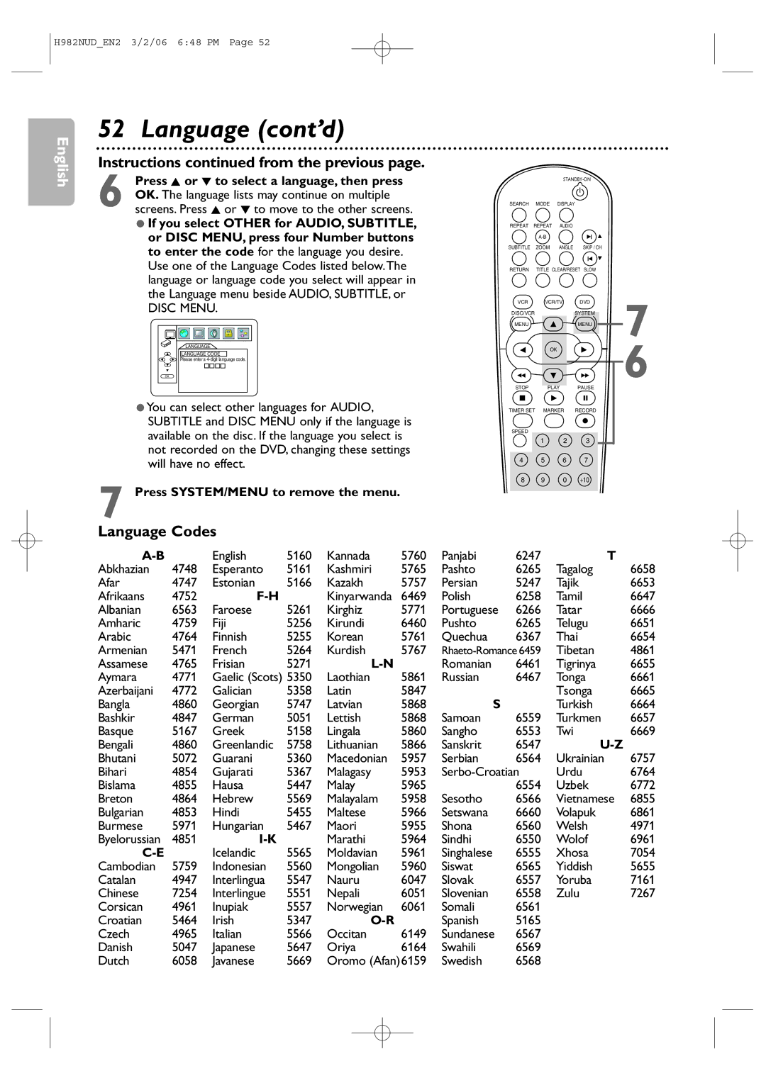 Philips H982NUD user manual Language cont’d, Instructions from the previous, Language Codes 