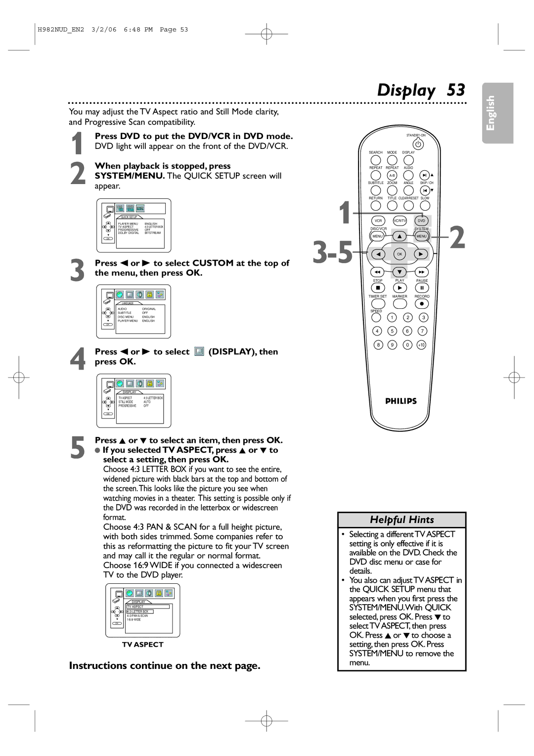 Philips H982NUD Display, Press s or B to select DISPLAY, then Press OK, Press K or L to select an item, then press OK 