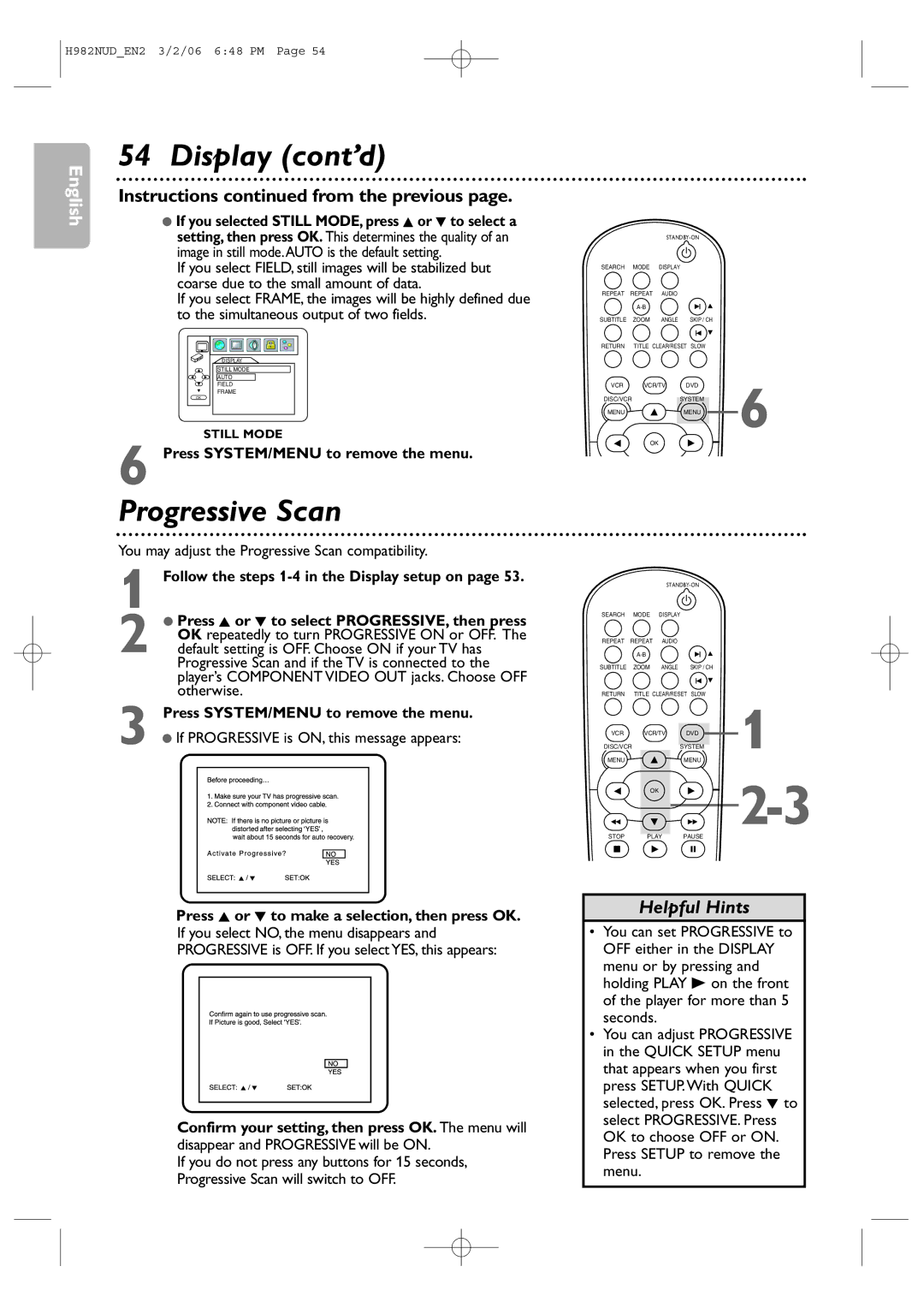 Philips H982NUD user manual Display cont’d, You may adjust the Progressive Scan compatibility 