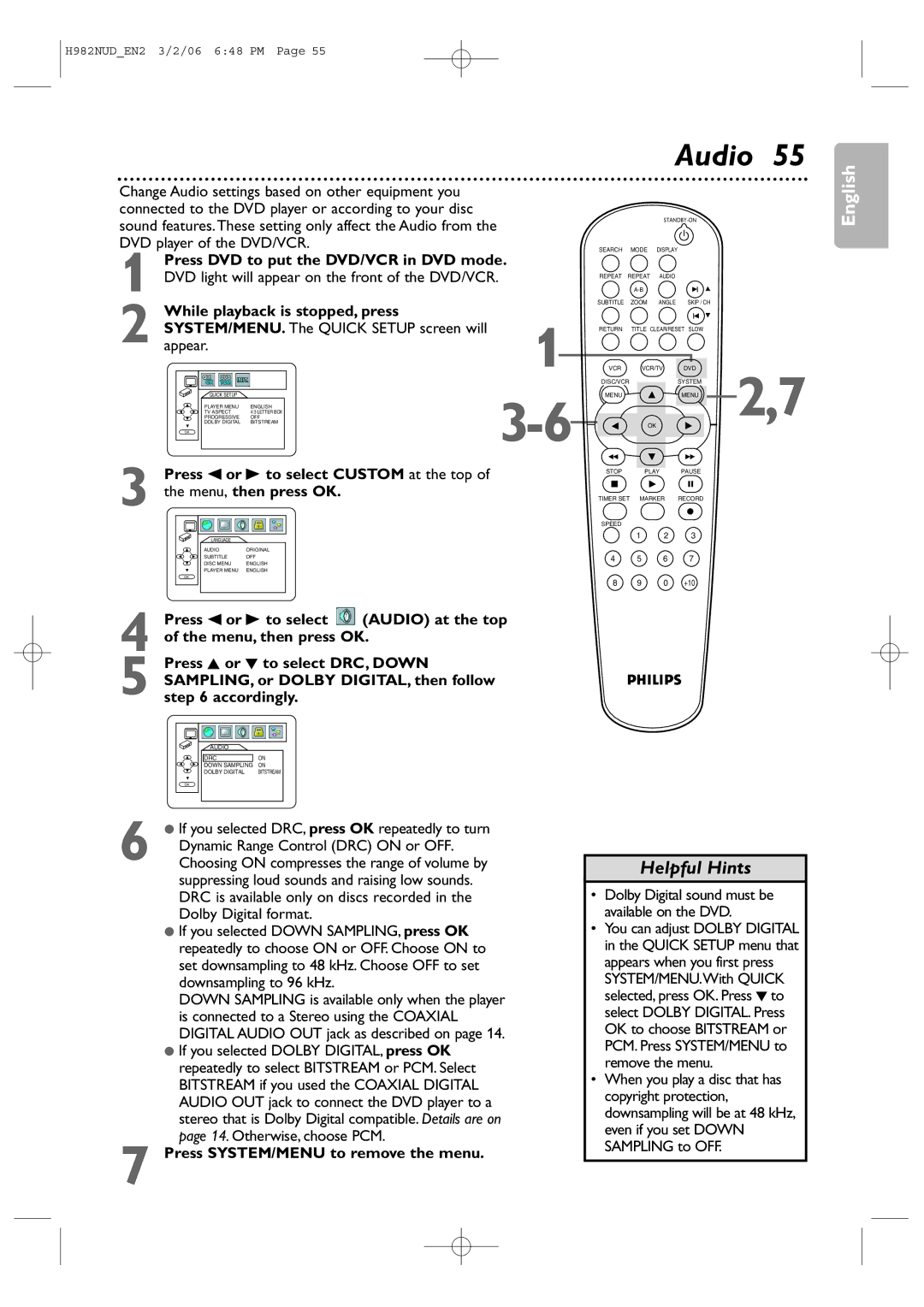 Philips H982NUD Audio, While playback is stopped, press, Press s or B to select Custom at the top, Menu, then press OK 