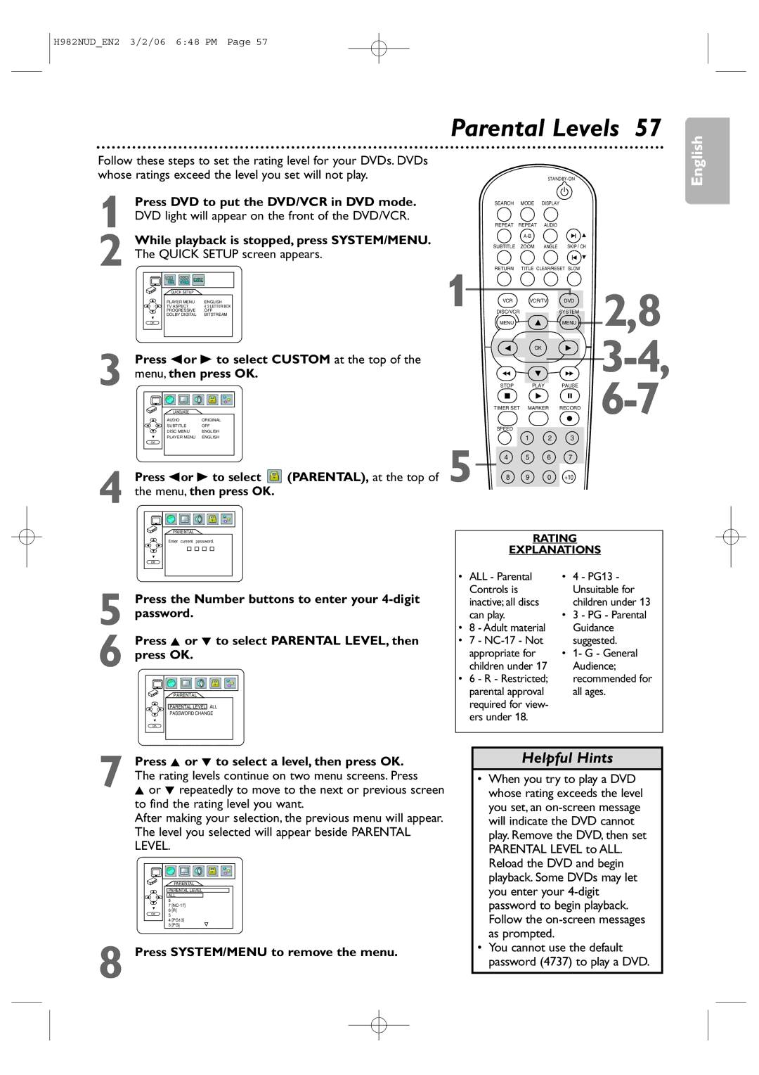 Philips H982NUD Parental Levels, Press sor B to select Custom at the top Menu, then press OK, PARENTAL, at the top 