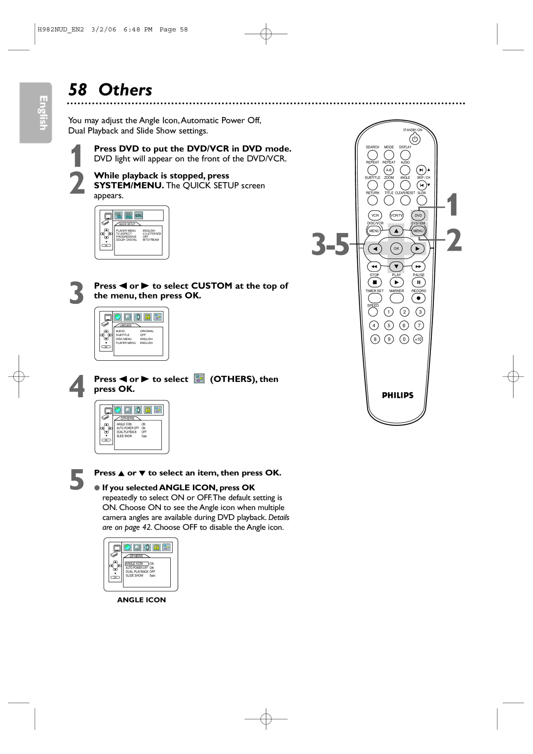 Philips H982NUD user manual Others, Press s or B to select OTHERS, then Press OK 