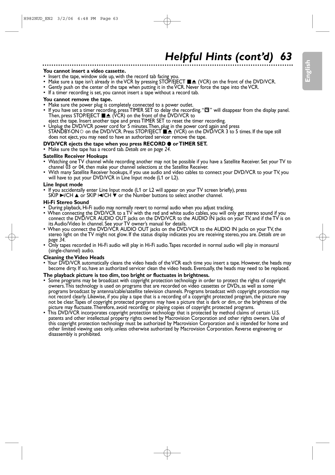 Philips H982NUD user manual You cannot insert a video cassette, You cannot remove the tape, Satellite Receiver Hookups 