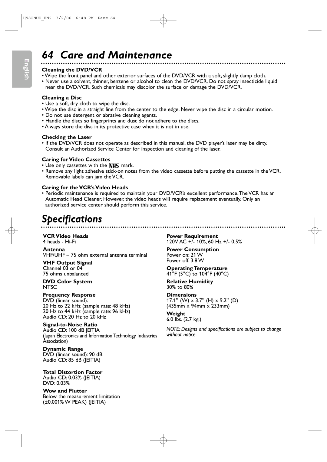 Philips H982NUD user manual Care and Maintenance, Specifications 