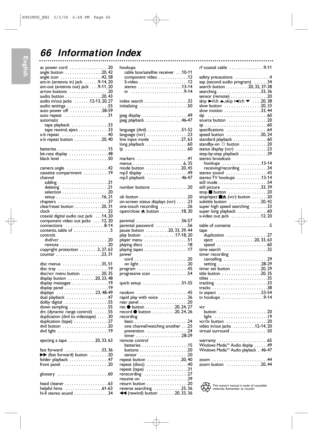 Philips H982NUD user manual Information Index, Controls Dvd/vcr Remote 