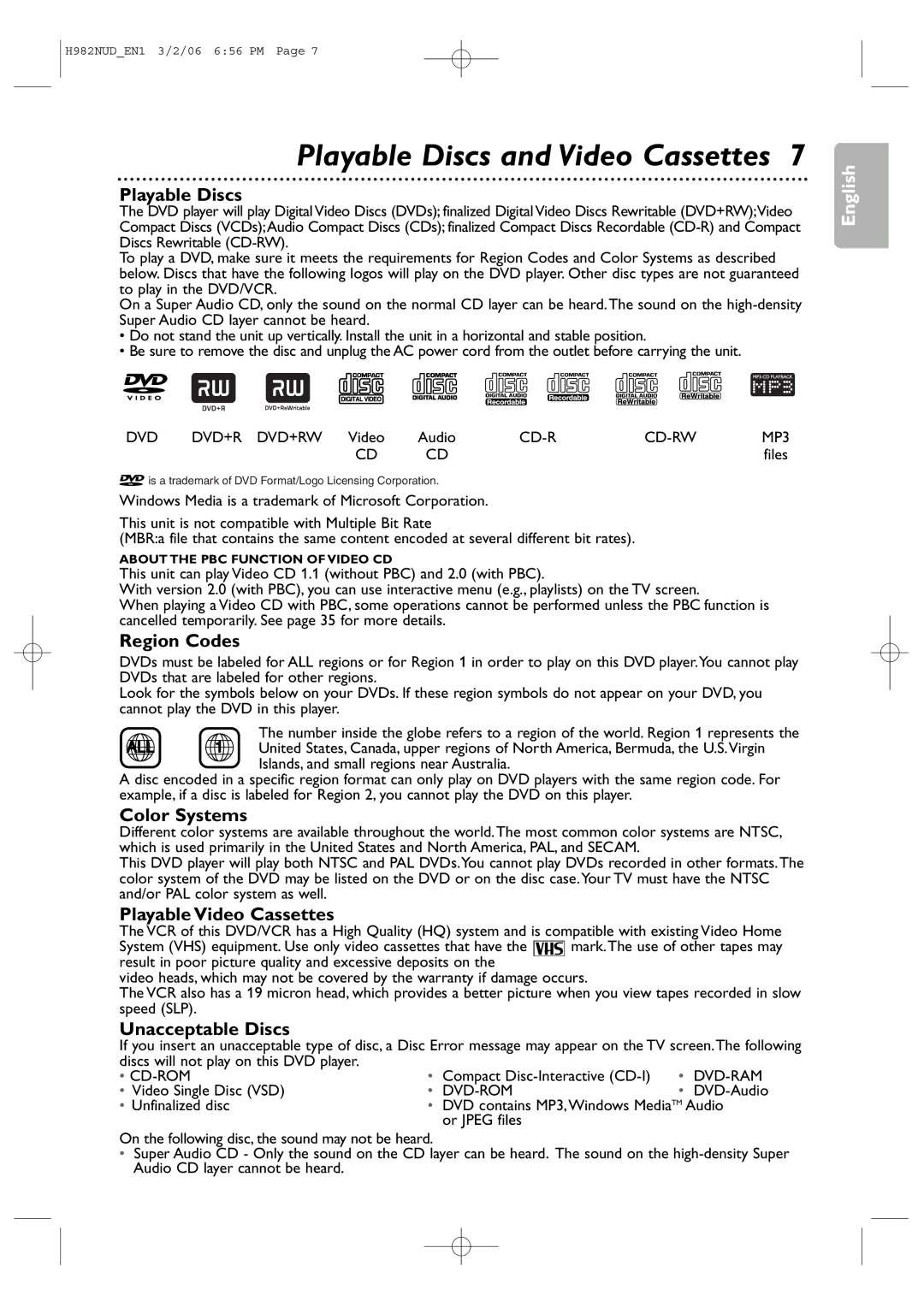 Philips H982NUD user manual Playable Discs and Video Cassettes 