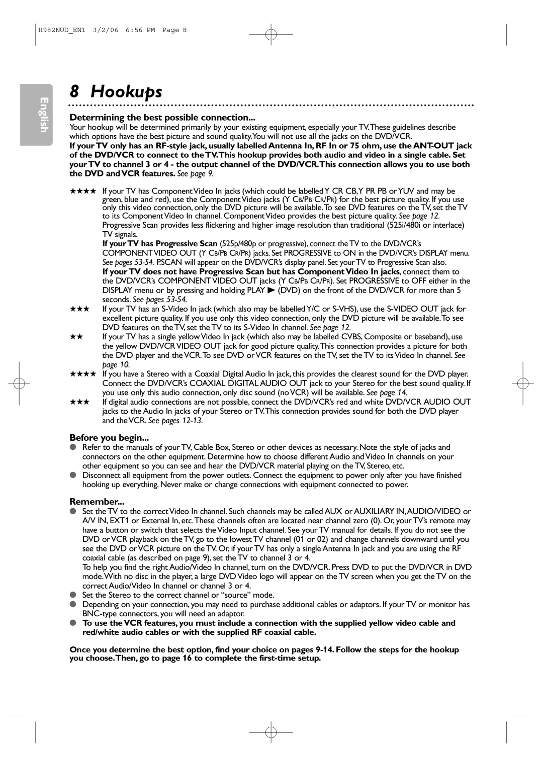 Philips H982NUD user manual Hookups, Determining the best possible connection 