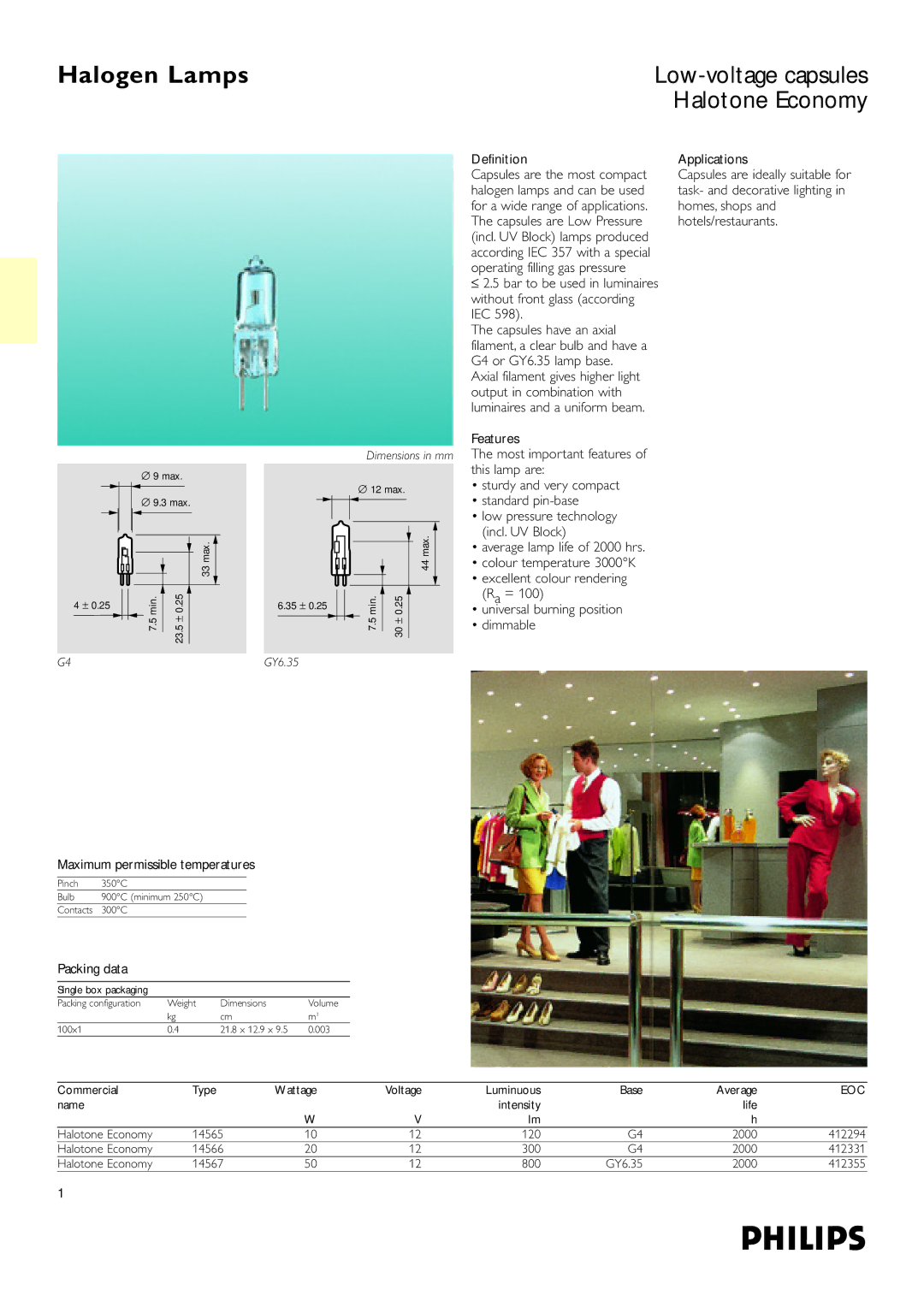 Philips Halogen Lamps dimensions Halotone Economy, Definition, Maximum permissible temperatures, Packing data 