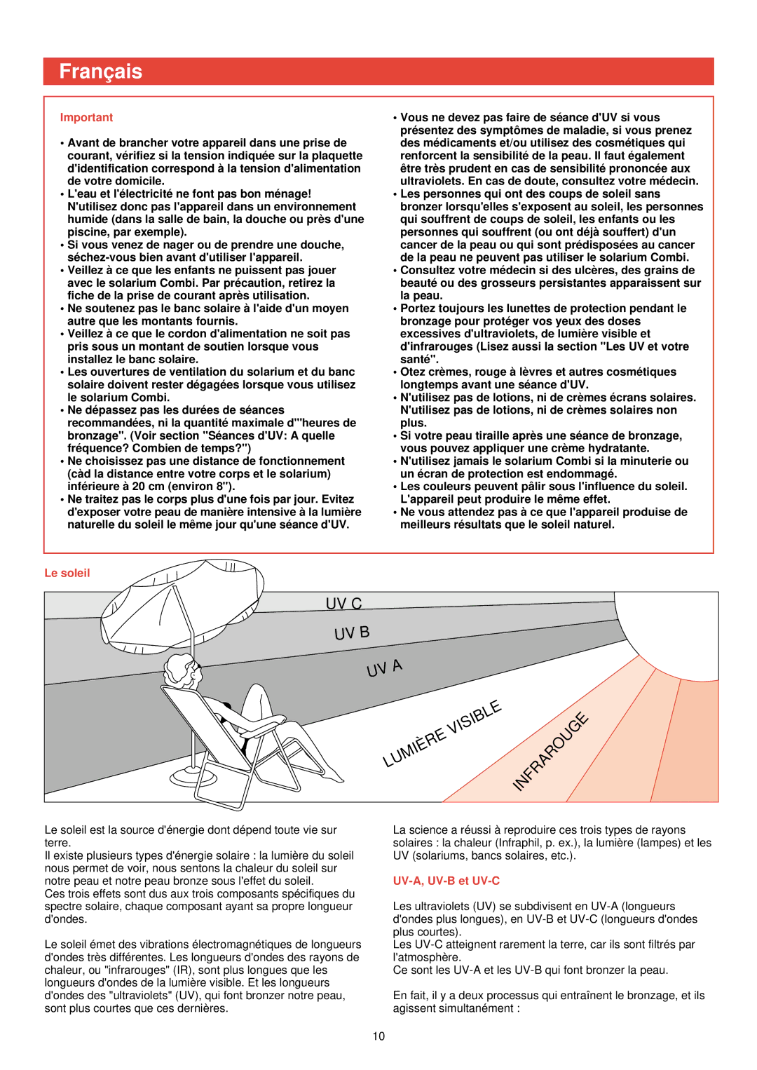 Philips HB 576/77 manual Franç ais, Le soleil, Infrarouge, UV-A, UV-B et UV-C 