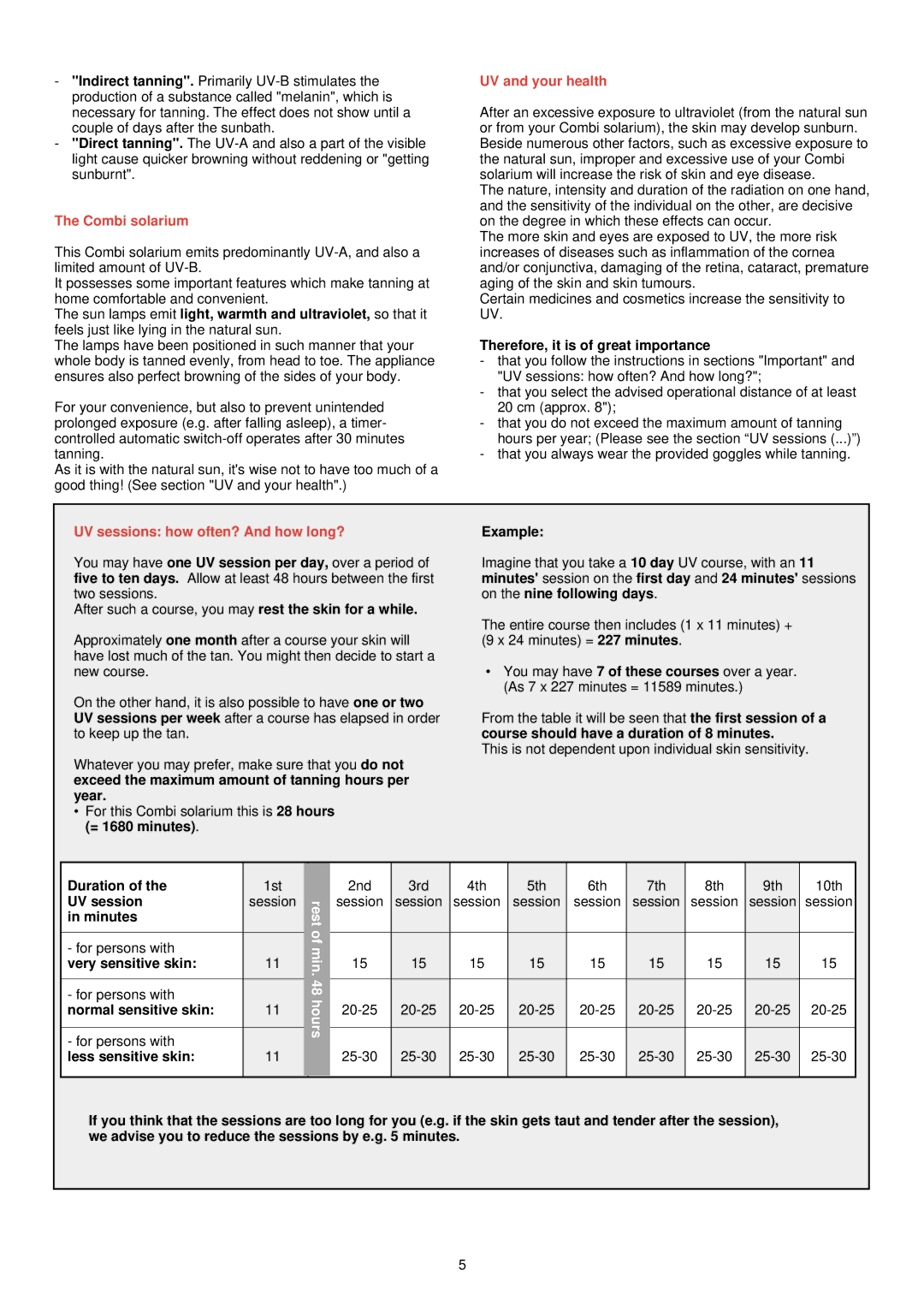 Philips HB 576/77 manual Combi solarium, UV and your health, UV sessions how often? And how long?, Min 