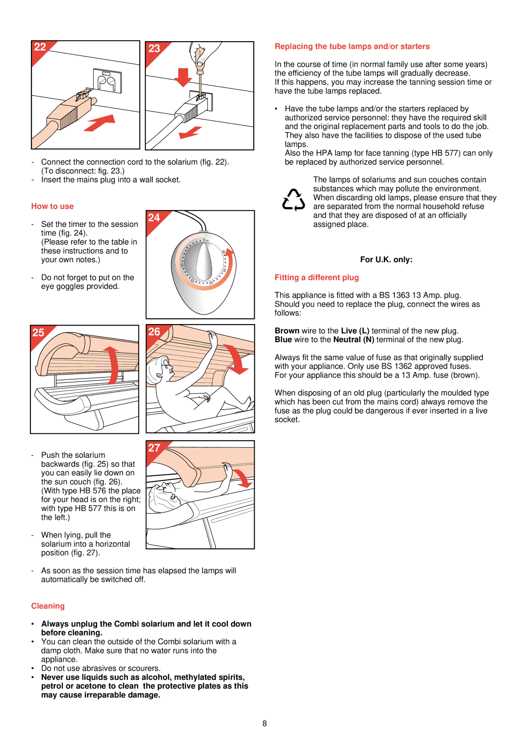 Philips HB 576/77 Replacing the tube lamps and/or starters, How to use, For U.K. only, Fitting a different plug, Cleaning 