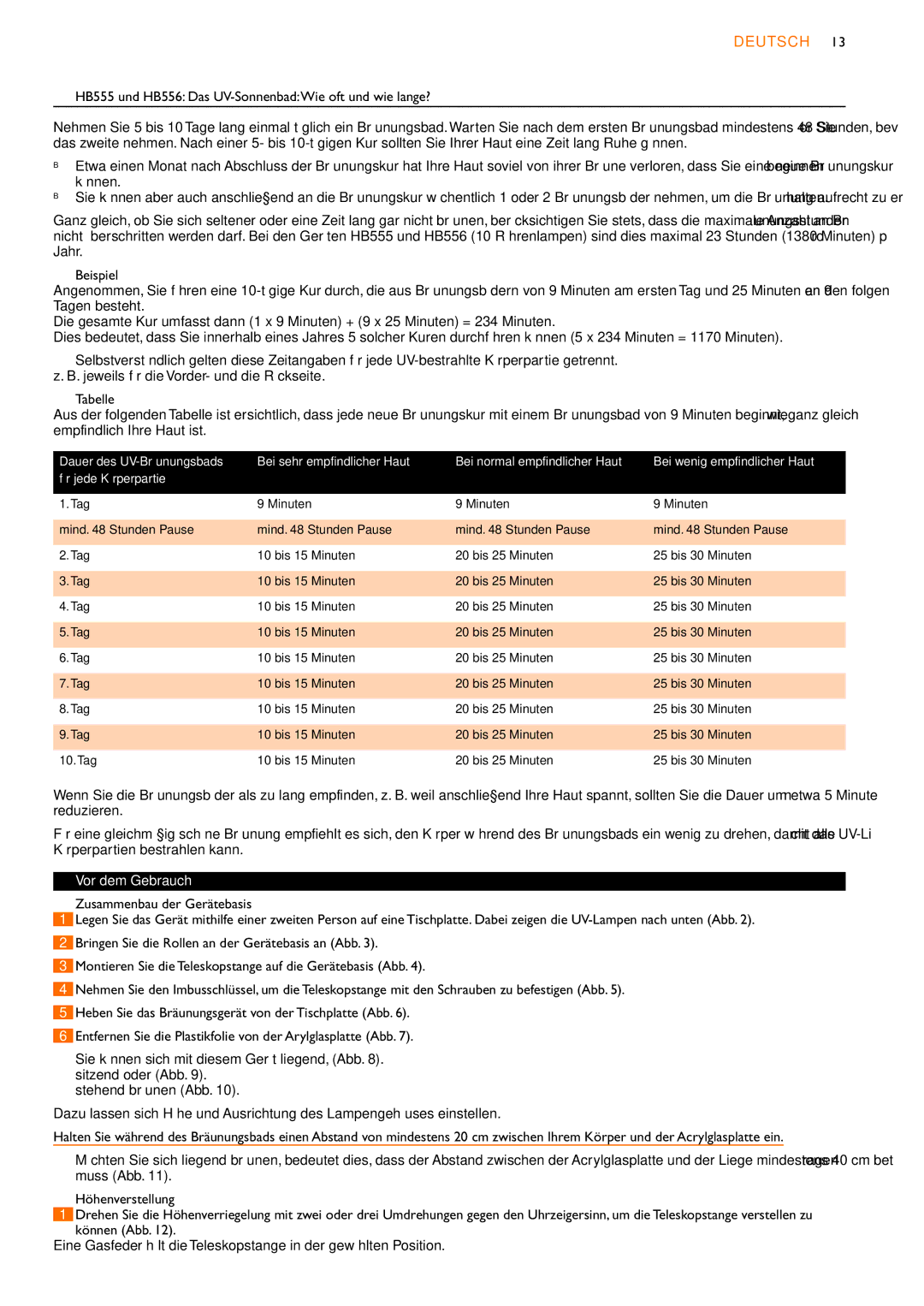 Philips HB554 manual HB555 und HB556 Das UV-SonnenbadWie oft und wie lange?, Vor dem Gebrauch 