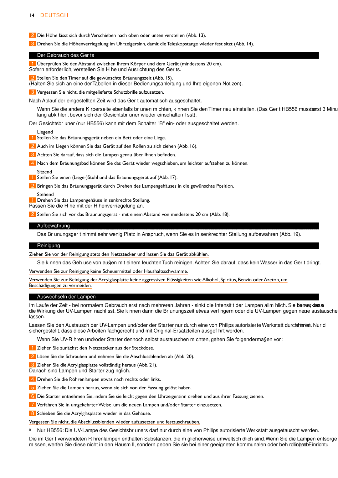 Philips HB554, HB556, HB555 manual Der Gebrauch des Geräts, Aufbewahrung, Reinigung, Auswechseln der Lampen 