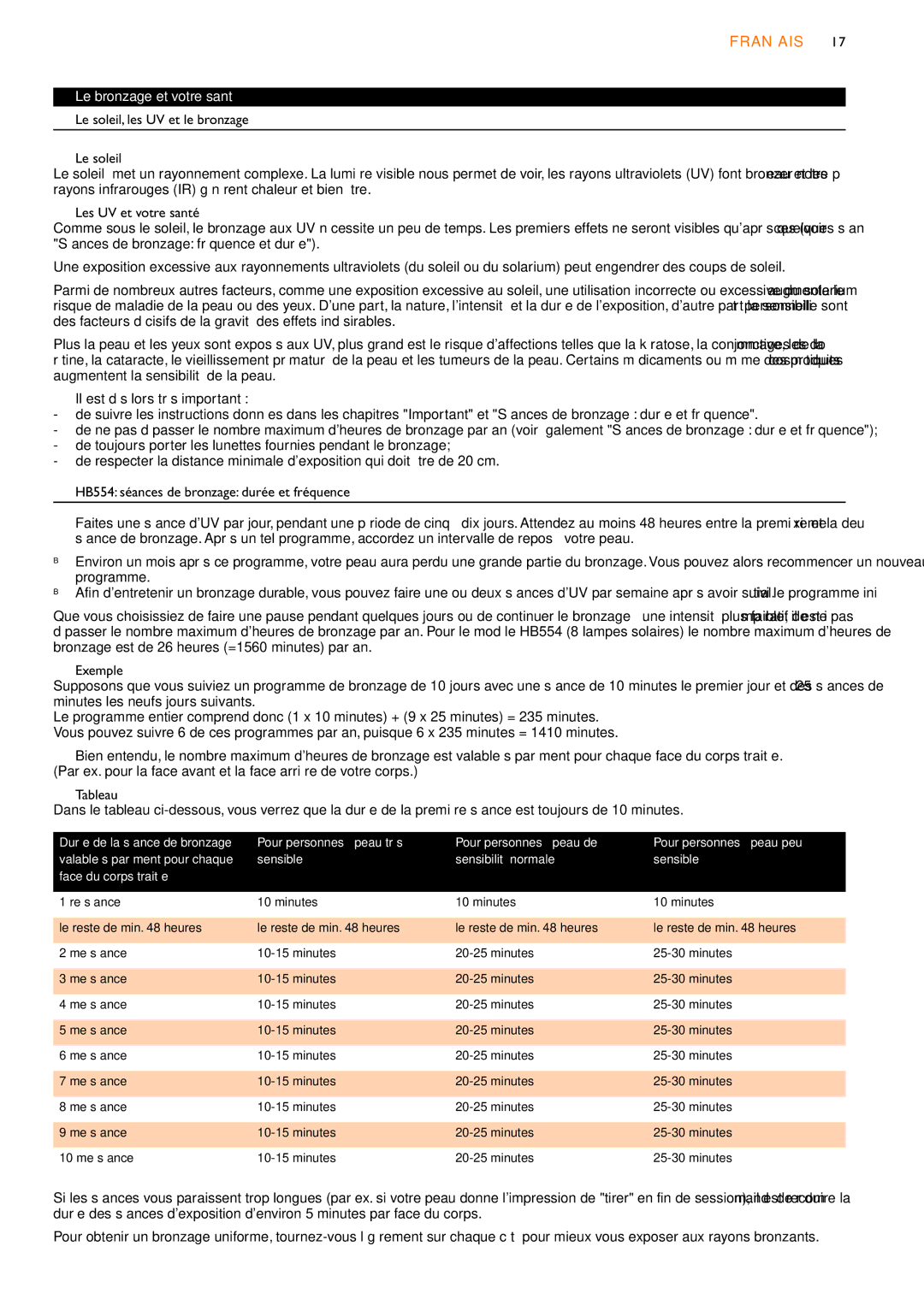 Philips HB554, HB556, HB555 manual Français, Le bronzage et votre santé, Sensible Sensibilité normale Face du corps traitée 