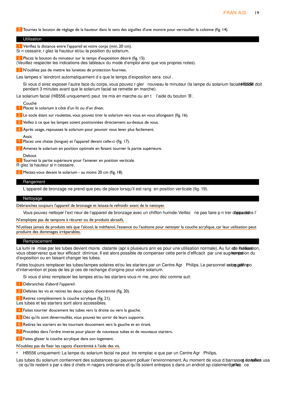 Philips HB555, HB556, HB554 manual Utilisation, Rangement, Nettoyage, Produire des dommages irréparables, Remplacement 