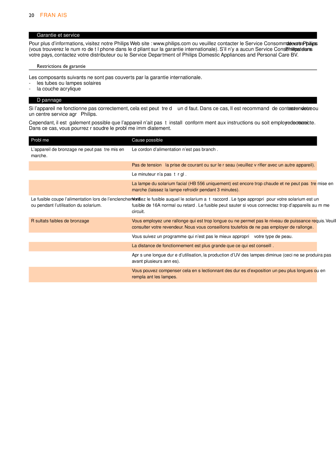 Philips HB554, HB556, HB555 manual Garantie et service, Dépannage, Problème Cause possible 