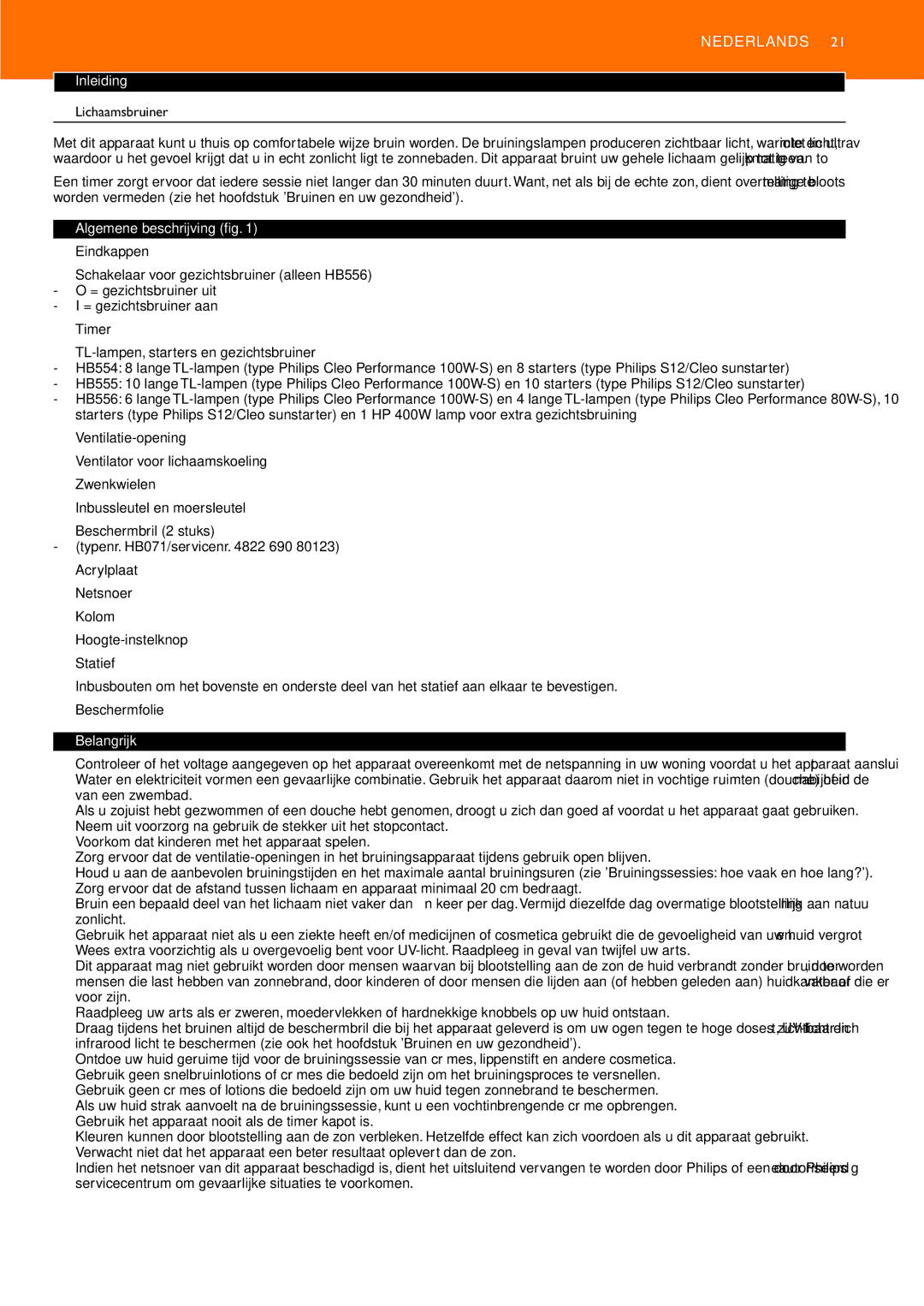 Philips HB556, HB555, HB554 manual Nederlands, Inleiding, Lichaamsbruiner, Algemene beschrijving fig, Belangrijk 