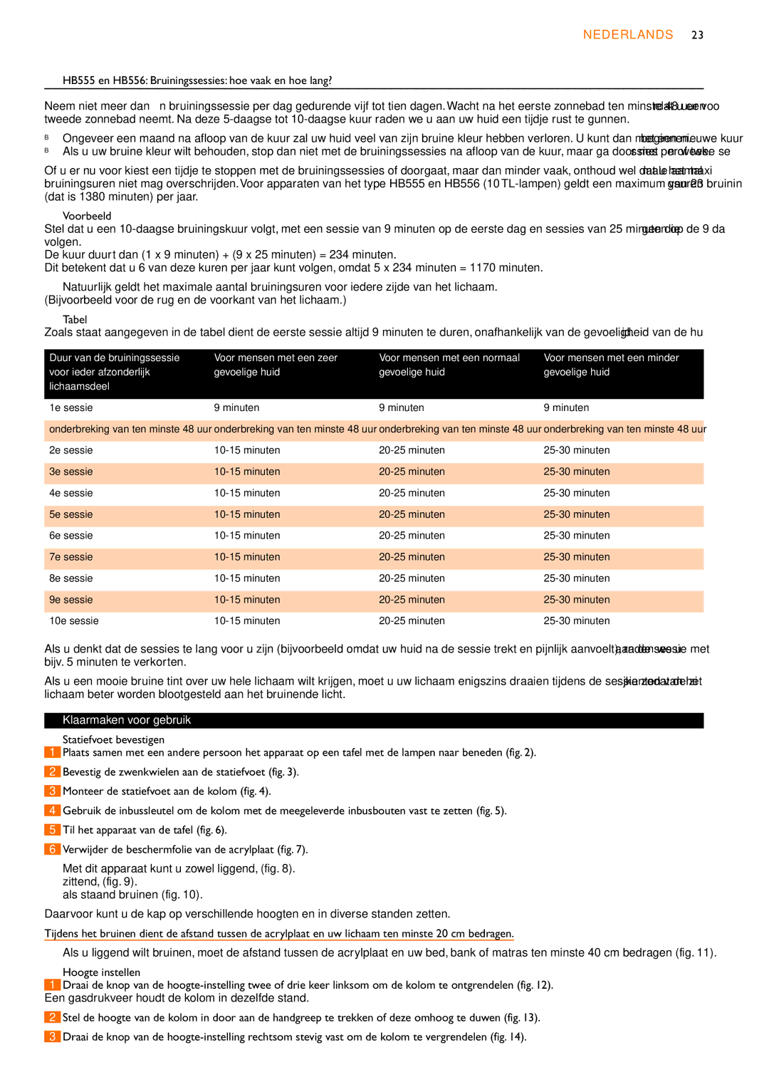 Philips HB554 manual HB555 en HB556 Bruiningssessies hoe vaak en hoe lang?, Klaarmaken voor gebruik 