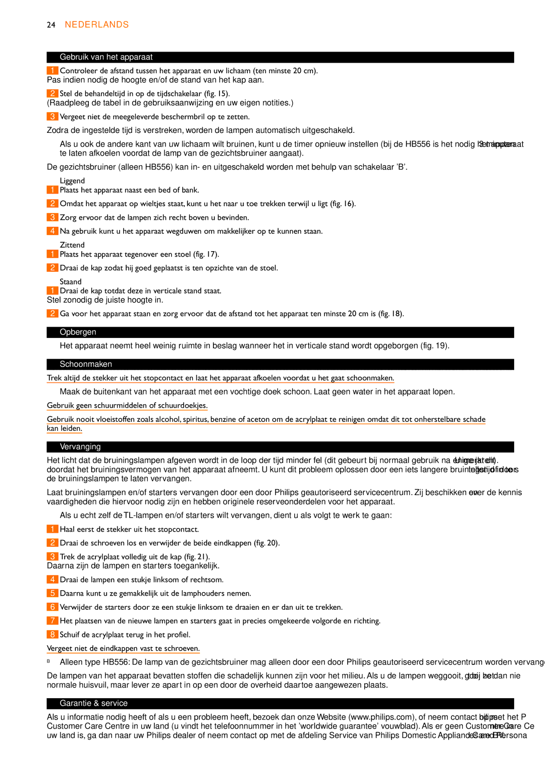 Philips HB556, HB555, HB554 manual Gebruik van het apparaat, Opbergen, Schoonmaken, Vervanging, Garantie & service 